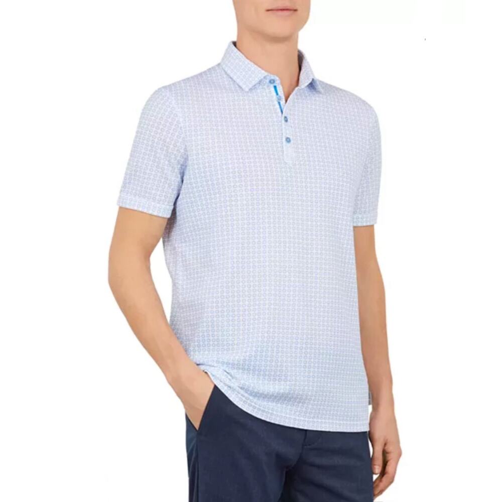 NWOT TED BAKER Polo Shirt 3/M White-Blue Geo-Print Navy-Buttons “Flee”